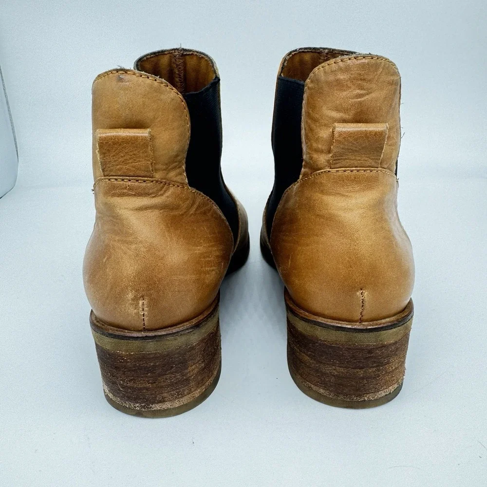 Roolee Womens Slip On Ankle Boot Size 39‎ Tan Black Elastic Side Block Heel
